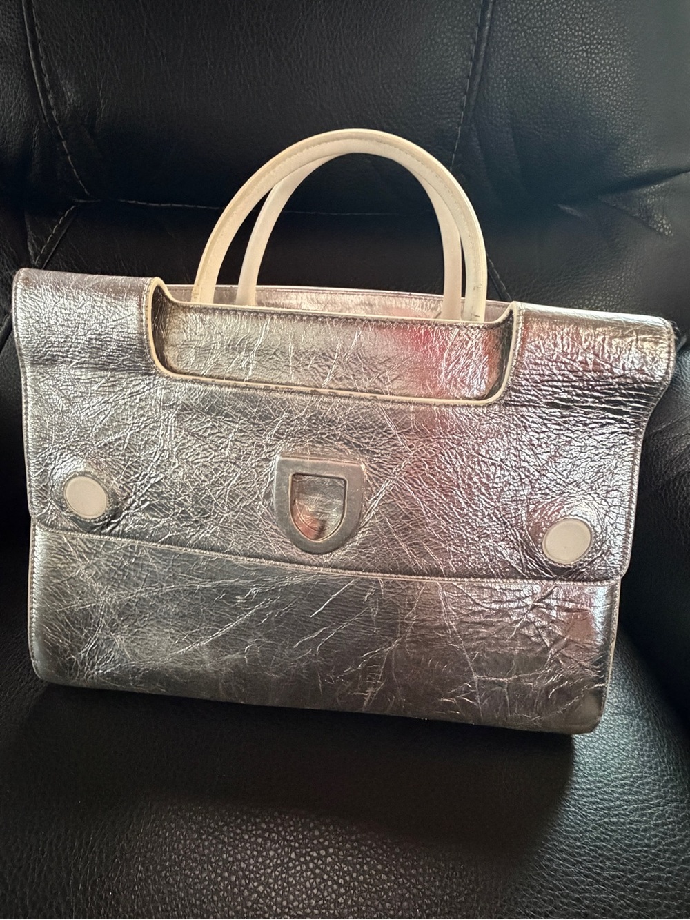 Dior Metallic Silver Crinkled Leather Satchel - Picture 2 of 8